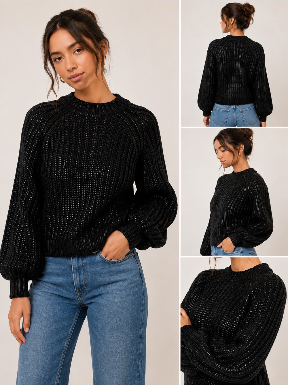 525 America Black Ribbed Balloon Sleeve Crew Sweater